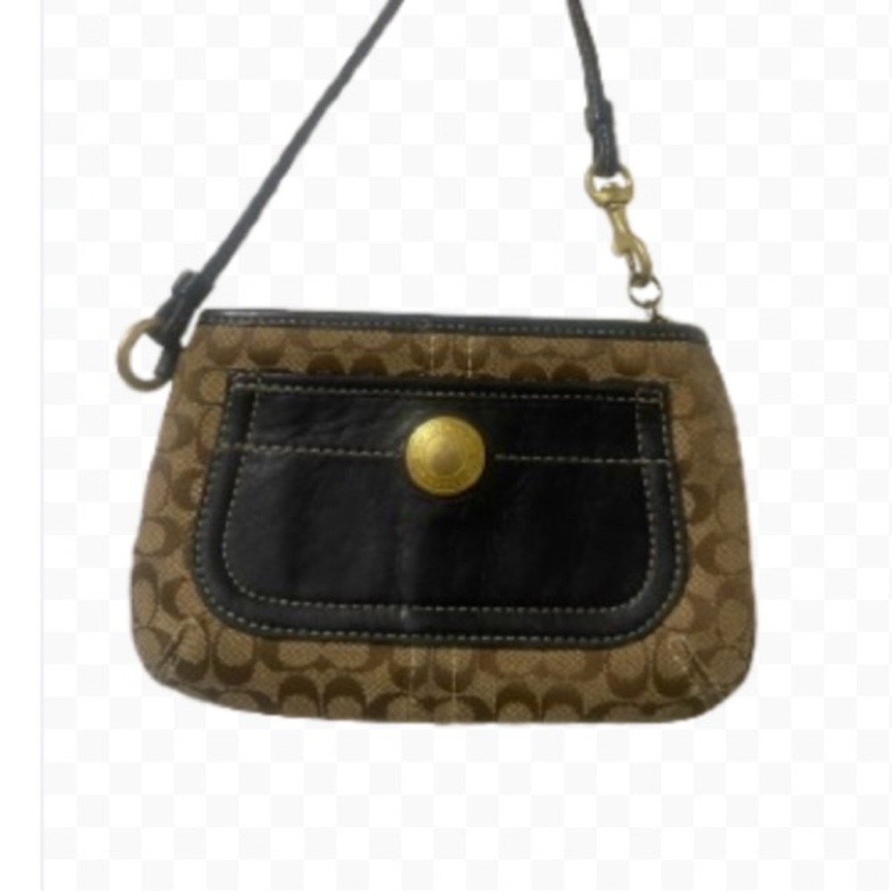Coach Brown and Tan Leather Trim Wristlet with Zipper Closure